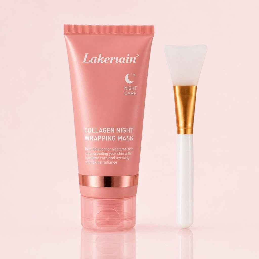 Lakerain Collagen Night Wrapping Mask and precision application brush set in soft rose-gold packaging